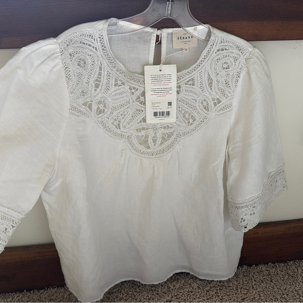 Sezane White Lace Detail Women's Top Blouse Medium 8/40 - Picture 6 of 10